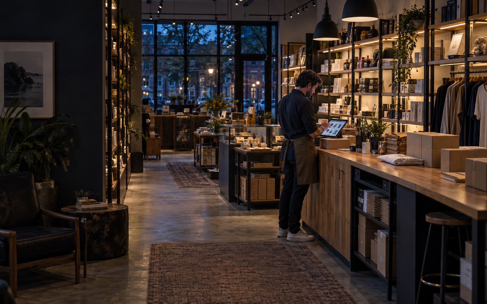 An established independent retailer reviewing an online catalog beside organized shelves and a packing station