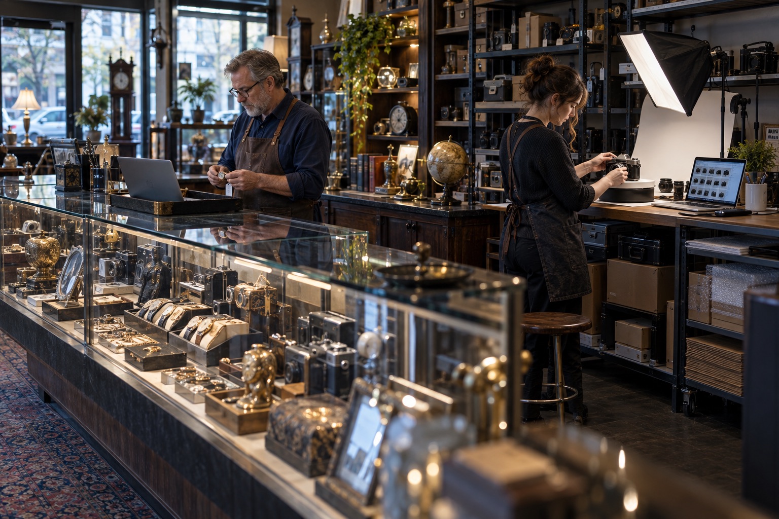 An estate goods retailer cataloging watches and vintage cameras beside a product photography station